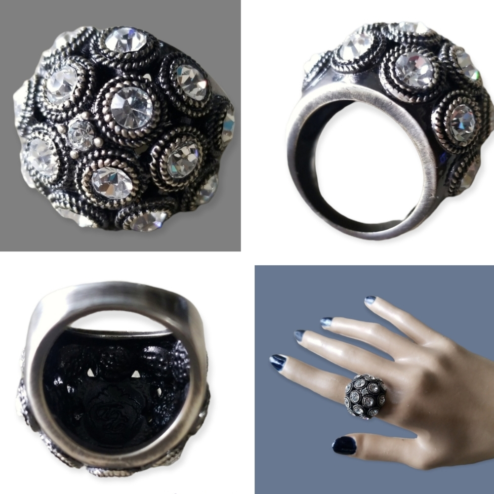 Premier Designs Chunky Gunmetal Rhinestone Statement Ring Size 6 3/4